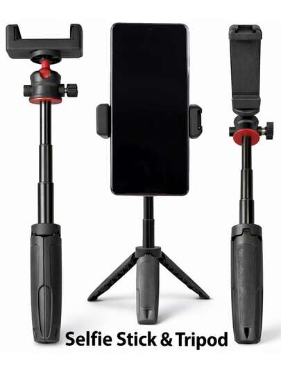 Extendable Selfie Stick Tripod With Cold Shoe Phone Holder, Aluminum Alloy & ABS Foldable Portable Desktop Tripod With 1/4" Mount, Adjustable Stable Stand For Smartphone Photography, Vlogging And Live Streaming