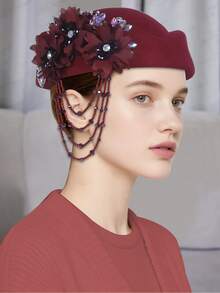 1pc Retro Vintage Felt Beret Hat, European & British Style Flight Attendant Cap, Wool Blend Applique Beret For Women - Multicolor - View 19