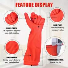 1 Pair Multi-Purpose Dishwashing Cleaning Gloves, Extra Long & Thick Kitchen Household Gloves, Suitable For Washing, Laundry And Home Cleaning, Reusable - 2pc/Red - View 3