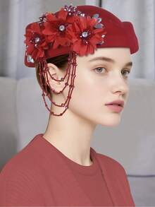 1pc Retro Vintage Felt Beret Hat, European & British Style Flight Attendant Cap, Wool Blend Applique Beret For Women - Multicolor - View 5