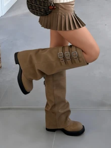 Fashion Womens Knee High Boots Round Toe Buckle Straps Slouchy Chunky Heel Boots Party Office Daily Outdoors Fall Winter Dressy Boots - 棕色絨面 - 查看 1