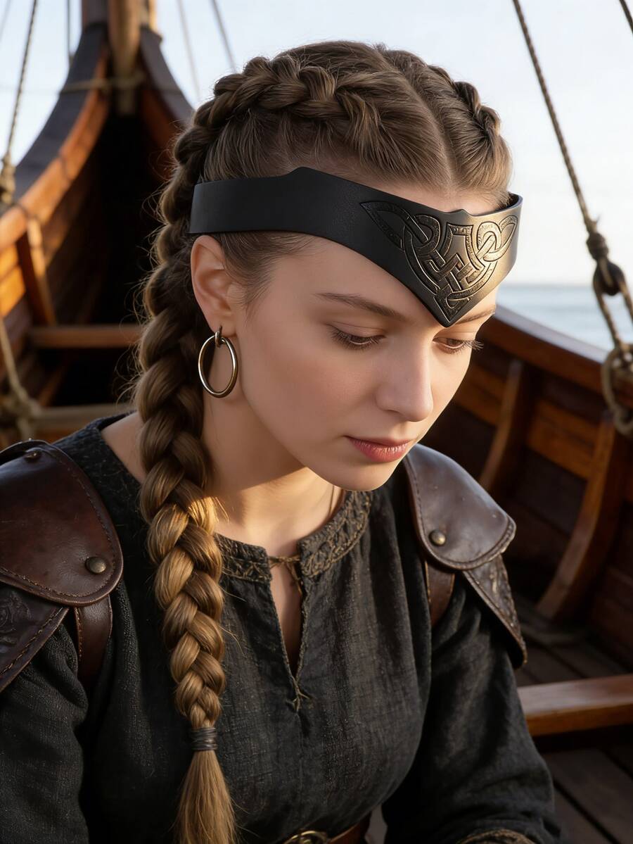 1件维京风格黑/棕色PU皮革头带，饰有精美凯尔特图案——中世纪角色扮演节日配饰 - A - 查看 1