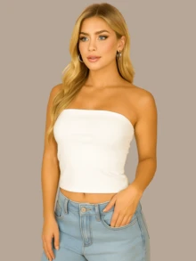 2 Cropped Tube Top For Women, Strapless And Without Padding, Basic, Double Layer Of Spandex, Slim Fit Shaping Top, Strapless - 白色/黃色 - 查看 6