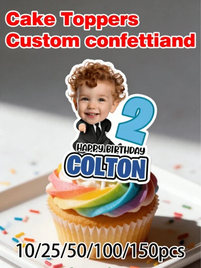 1歳の誕生日パーティー用にデザインされた特別なカスタマイズフェイスカップケーキデコレーション。このセットには、フェイスデコレーション、パーソナライズされたケーキデコレーション、誕生日デコレーション、フェイスカップケーキデコレーション、カスタマイズされたフェイスカップケーキデコレーションが含まれています。