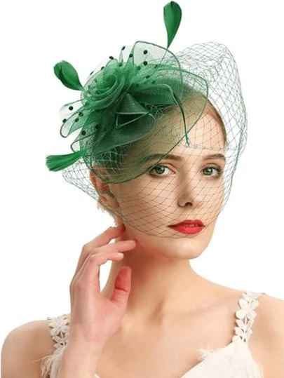1顶女士复古20、30、50年代风格头饰帽，配有蝴蝶结和花朵面纱，适合婚礼、下午茶会和圣帕特里克节等场合。