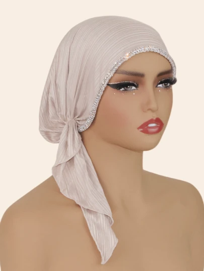 1pc Women's Elastic Striped Hijab Scarf, Muslim Headscarf With Fashionable Chain & Rhinestone Decor, Versatile For Daily Wear, Casual & Elegant