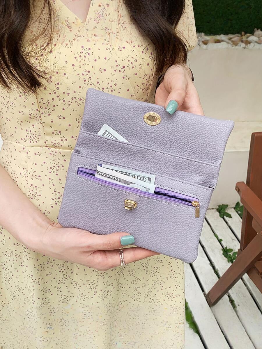 Short Women Wallet, High-Quality PU Leather, Lock Clasp Design - Purple - View 1