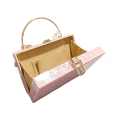 Women Acrylic Evening Clutch Marble Pattern Carved Circle Handle Handbag Square Box Bag For Evening Cocktail Prom - 粉色 - 查看 5