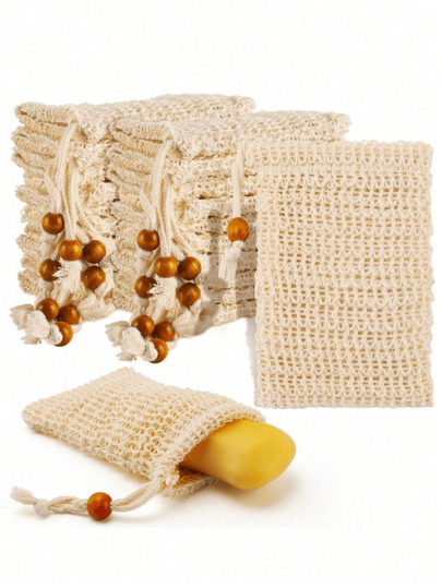 5/3/1pc Reusable Exfoliating Soap Bag, Brown Beaded Drawstring Design, Mesh Exfoliating Soap Bag, Natural Acacia Soap Bag, Suitable For Shower Exfoliation, Home Bathroom Decor, Autumn Decor, Back To School, Shower Massage Scrub, Body Cleansing Tool, Bathroom Supplies, Bathroom Accessories, Home Bathroom Decor, Summer