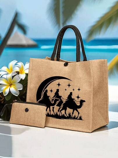 Large Capacity Linen Tote Bag With Lantern, New Moon And Stars Patterns,Ramadan Kareem,Eid Mubarak, Ramadan Kareem,Sacred Warm, Festive Household Items, Written Blessings, Islamic Gift,Eid Gift,Portable Large Capacity Shopping Bag