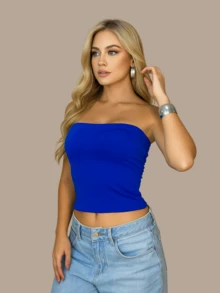 Kit Of 3 Women's Tube Tops: Cropped Tube Top, Strapless, Lined With Double Layer, Fitted Waist, Blogger Style. - xanh/trắng/vàng - Xem 2
