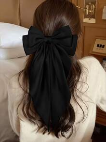 4件組大號緞面蝴蝶結髮夾，適合女性與女孩，超大長尾絲綢蝴蝶結髮夾，法式可愛美學髮飾，秋季婚禮派對日常大蝴蝶結髮飾（黑色蝴蝶結、棕色蝴蝶結、卡其色蝴蝶結） - 彩色 - 查看 5