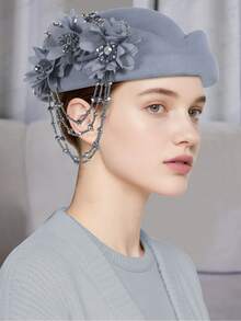 1pc Retro Vintage Felt Beret Hat, European & British Style Flight Attendant Cap, Wool Blend Applique Beret For Women - Multicolor - View 7