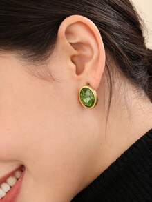 VceTd 一对简约浪漫的椭圆形不锈钢耳环，镶嵌多巴胺色玻璃，适合女性日常通勤、旅行、节日派对、情人节礼物。 - 金黃色 - 查看 3