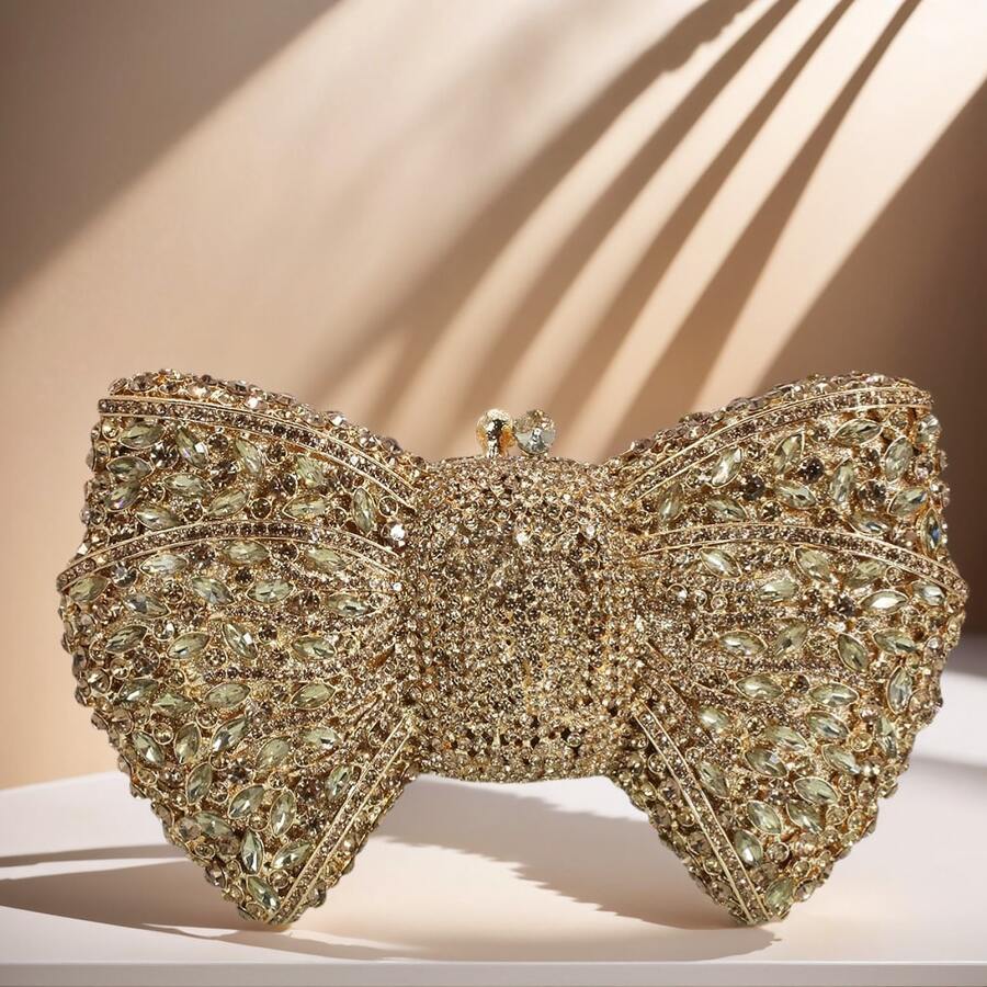 Luxury Women Pink Bowknot Clutch Bags Stone Evening Bags Bridal Rhinestone Handbags Wedding Clutches Bags Dinner Minaudiere Purse - 金色 - 查看 1
