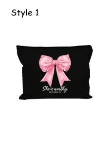 粉色蝴蝶结印花化妆包，优雅女士洗漱包，印有“她值得拥有”字样，便携式化妆品收纳包，时尚旅行配件，拉链化妆包，可收纳化妆品、刷子、配件，适用于度假、酒店、办公室、浴室等场合。可作为礼物送给朋友、姐妹，生日礼物、斋月礼物、婚礼用品、复活节礼物、伴娘回礼。 - 彩色 - 查看 14