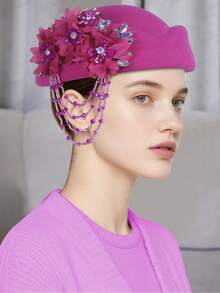 1pc Retro Vintage Felt Beret Hat, European & British Style Flight Attendant Cap, Wool Blend Applique Beret For Women - Multicolor - View 11