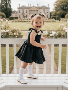 Newborn Baby Girl Denim Romper Dress Sleeveless Tie Up Shoulder Smocked Ruffle Bodysuit Summer Clothes - Black - View 2