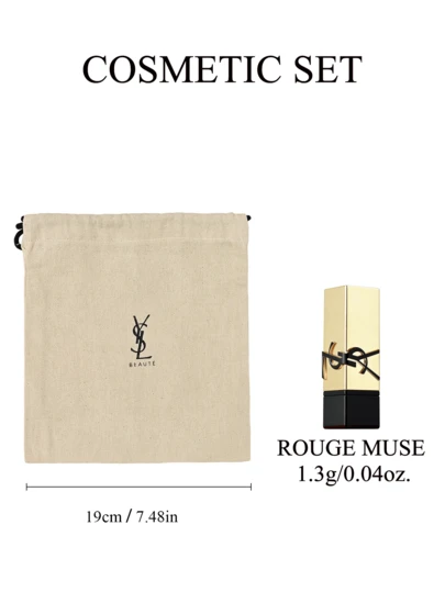 Yves Saint Laurent Cosmetic Set: Beige Drawstring Bag + Saint Laurent Rouge Pur Couture The Slim Matte Lipstick #RM (Red Muse), Long-Lasting Lipstick, Travel Size 1.3g/0.04oz