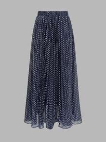 Women's Elegant Elastic Waist Navy Blue & White Polka Dot Pleated A-Line Skirt, Minimalist & Fashionable For Daily Commute - Navy Blue - View 3