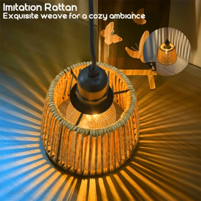 1个藤编吊灯，小型藤编悬挂灯，带定时器，电池供电，暖白光防水灯，适用于凉亭、庭院、门廊、花园和后院的装饰。