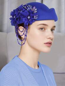 1pc Retro Vintage Felt Beret Hat, European & British Style Flight Attendant Cap, Wool Blend Applique Beret For Women - Multicolor - View 10