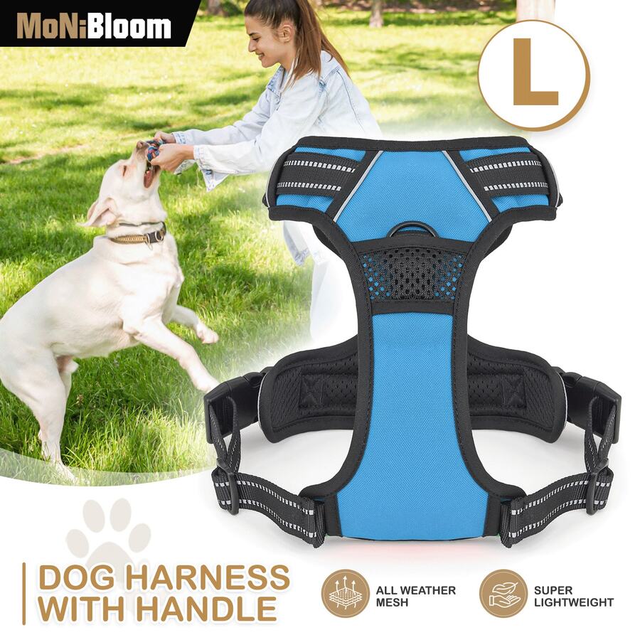 Reflective Dog Harness, No Pull Vest Harness With Handle, Adjustable Soft Padded Pet Harness For Large Dogs - 天藍色 - 查看 1