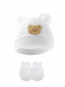 婴儿熊耳帽带防抓手套，婴儿针织帽，适合0-6个月婴儿 - 2pcs - 查看 6