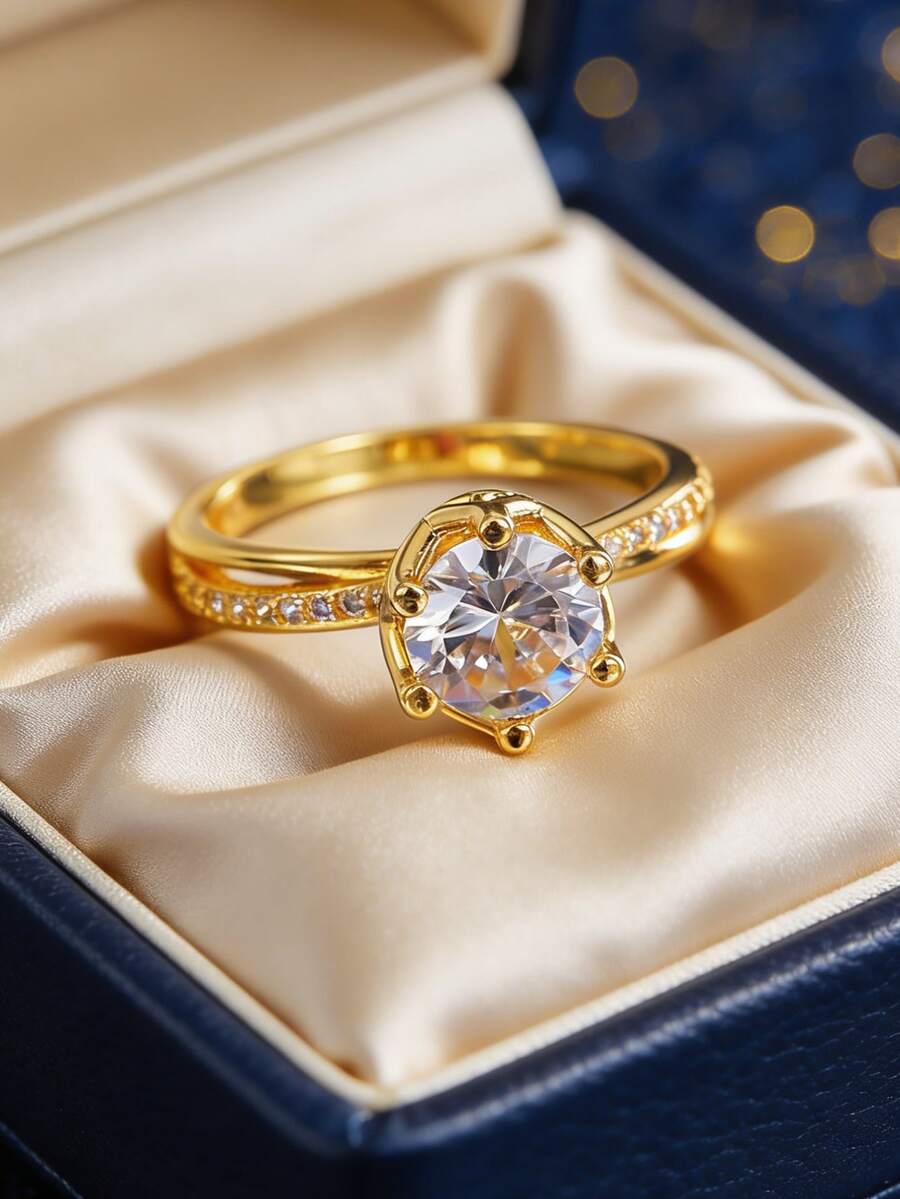 Nhẫn nữ mạ vàng đính đá Cubic Zirconia, thiết kế tối giản với đá tròn và viền đính đá nhỏ li ti, kiểu dáng thanh lịch đa năng phù hợp đeo hàng ngày hoặc trong những dịp thường nhật, món quà sinh nhật thời trang. - Vàng - Xem 1