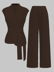 两件套优雅休闲通勤商务职场法式系带无袖背心上衣+宽松阔腿裤两件套西装，优雅女士套装，女士休闲套装，白色西装，白色裤子，白色上衣，女士夏季套装 - 棕色 - 查看 7