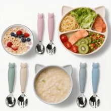 2 pezzi Set di posate in silicone e acciaio inossidabile 304 - Forchetta e cucchiaio a forma di cartone animato, facili da usare, regalo ideale per bambini, adatto per feste di bambini, compleanni o Natale - Multicolore - Visualizzare 7