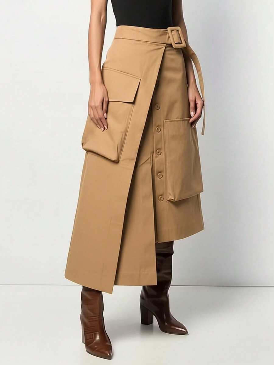 Women's Casual Solid Color Asymmetric Cargo Skirt - Khaki - View 1