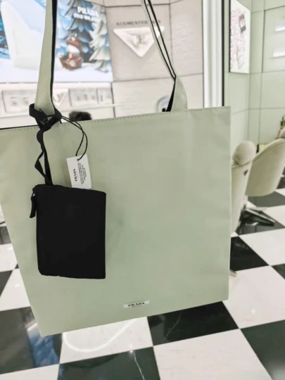 Prada Green And Black Canvas Tote Bag. Large Capacity Tote With Small Card Pouch. Suitable For Daily Use Or As Holiday Gift