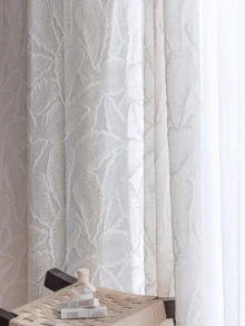 1件法式白色薄纱窗帘，带有3D浮雕叶子刺绣图案，遮光，适用于卧室、客厅、阳台 - 白色 - 查看 7