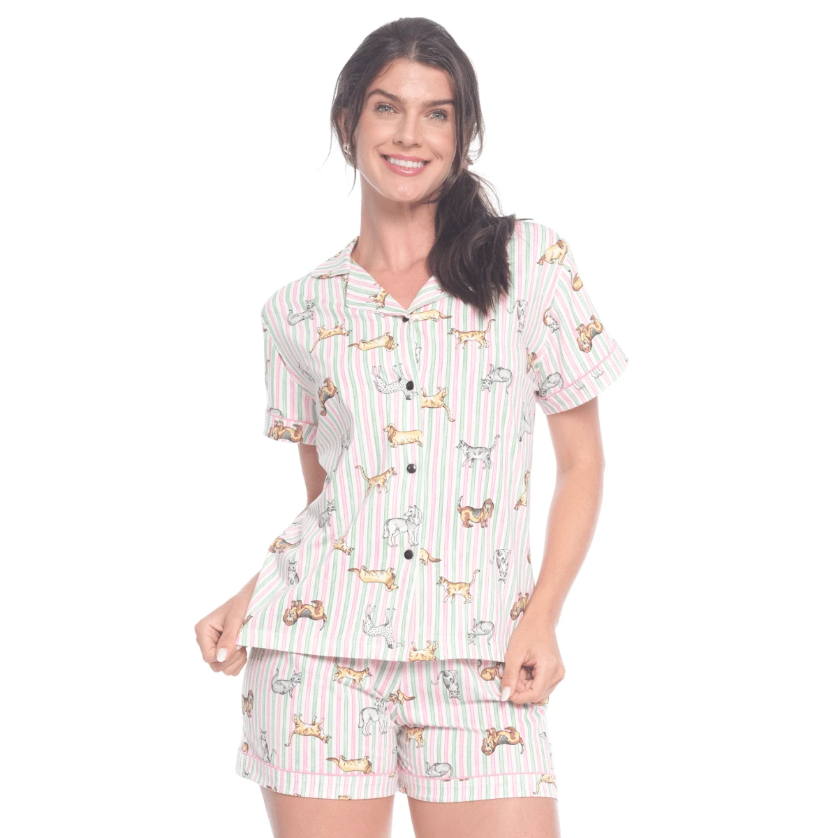 Pijama Americano Feminino Amamentação Baby Doll 100% Algodão Malha Confortável - Pet - Visão 1