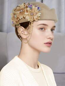 1pc Retro Vintage Felt Beret Hat, European & British Style Flight Attendant Cap, Wool Blend Applique Beret For Women - Multicolor - View 14