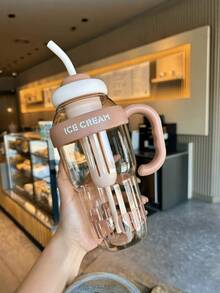 1pc High Capacity Water Bottle, Stylish Insulated Cup With Handle And Straw, Plastic Tumbler - Multicolor - View 8