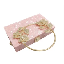 Women Acrylic Evening Clutch Marble Pattern Carved Circle Handle Handbag Square Box Bag For Evening Cocktail Prom - 粉色 - 查看 4
