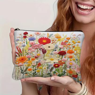 Vintage Floral Travel Makeup Bag (2D Flat, Non-Embroidered), Fashion Zipper Makeup Organizer Pouch, Portable Multi-Function Toiletry Bag, Convenient Cosmetic Bag - Perfect Gift For Mom, Sister, Girls And Nieces, 2D Flat ,Room Decor