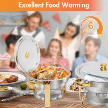 5QT 4 Packs Chafing Dish Buffet Set Gold Accent,  Round 316 Stainless Steel Buffet Warmer Chafers And Warmers Sets With Glass Lid & Lid Holder For Valentine's Day Gatherings Catering Events Parties Weddings Dinners - 半鍍金鋼蓋帶梅花夾 - 查看 5