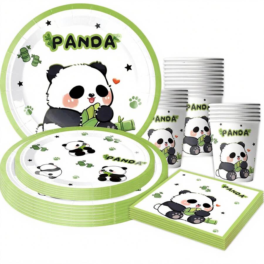 10-Piece Panda Themed Disposable Tableware Set Is Suitable For Birthday Decoration Party, Panda Paper Plate, Napkin, Paper Cup, Family Party, Friends Party, Outdoor Camping, Picnic, Party Supplies, Holiday Supplies - Multicolor - View 1