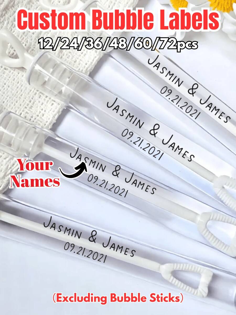 1/3/5 piezas Etiquetas personalizadas de burbujas para boda, pegatinas de recuerdos de fiesta, etiquetas transparentes personalizadas de agradecimiento, identificación de varitas de burbujas para devolución de lugar de boda, adecuado como regalo conmemorativo familiar - Modelo regular - Ver 1