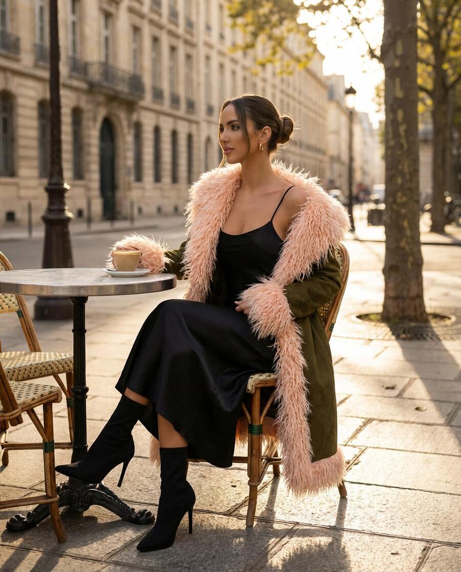 معطف أنيق أخضر زيتوني للنساء، جاكيت طويل مزين بفرو وردي اصطناعي، معطف فرو اصطناعي عصري بتصميم زوجة المافيا للحفلات الكرنفالية والسهرات الليلية - بني - مشاهدة 1