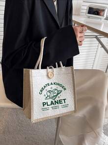 高品质便携简约复古新款女士手提包，大容量，高性价比字母印花女士托特包 - 彩色 - 查看 3