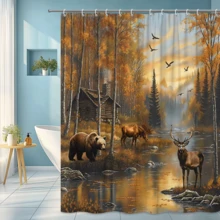 Rustic Cabin Shower Curtain With Bear And Deer, Forest Lodge Bathroom Decor - White - View 7