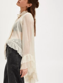 Women Ruffle Sheer Top Long Sleeve Bow Tie Design See Through Mesh Blouse Tops Oversized Flowy Chiffon Tunic Shirts - Ngà voi - Xem 5
