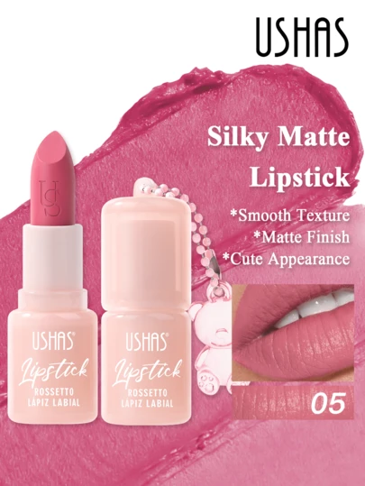  USHAS 丝绒哑光唇膏，配有可爱小熊吊坠，显色度高，不拔干，持久不脱色，哑光柔焦，奢华质感，打造迷人唇妆