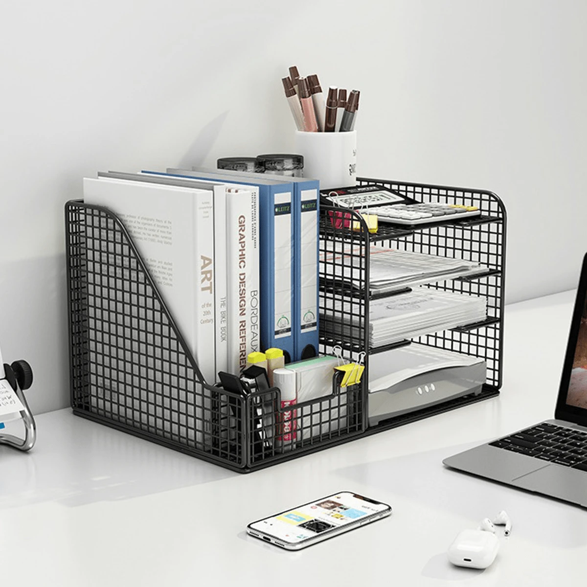 Organizadores de escritorio y accesorios, organizador de archivos de bandeja de papel de 4 niveles con portalápices, accesorios de escritorio de oficina para suministros de oficina, para oficina y hogar. - Negro - Ver 1