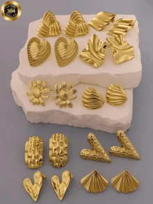 Random Selection: 1/3/6/8-Piece Stainless Steel Set Gold Scallop/Flower/Irregular Square Stud Earrings Multiple Styles To Mix And Match Freely Perfect Holiday Gift For Friends And Family - Gold - View 4