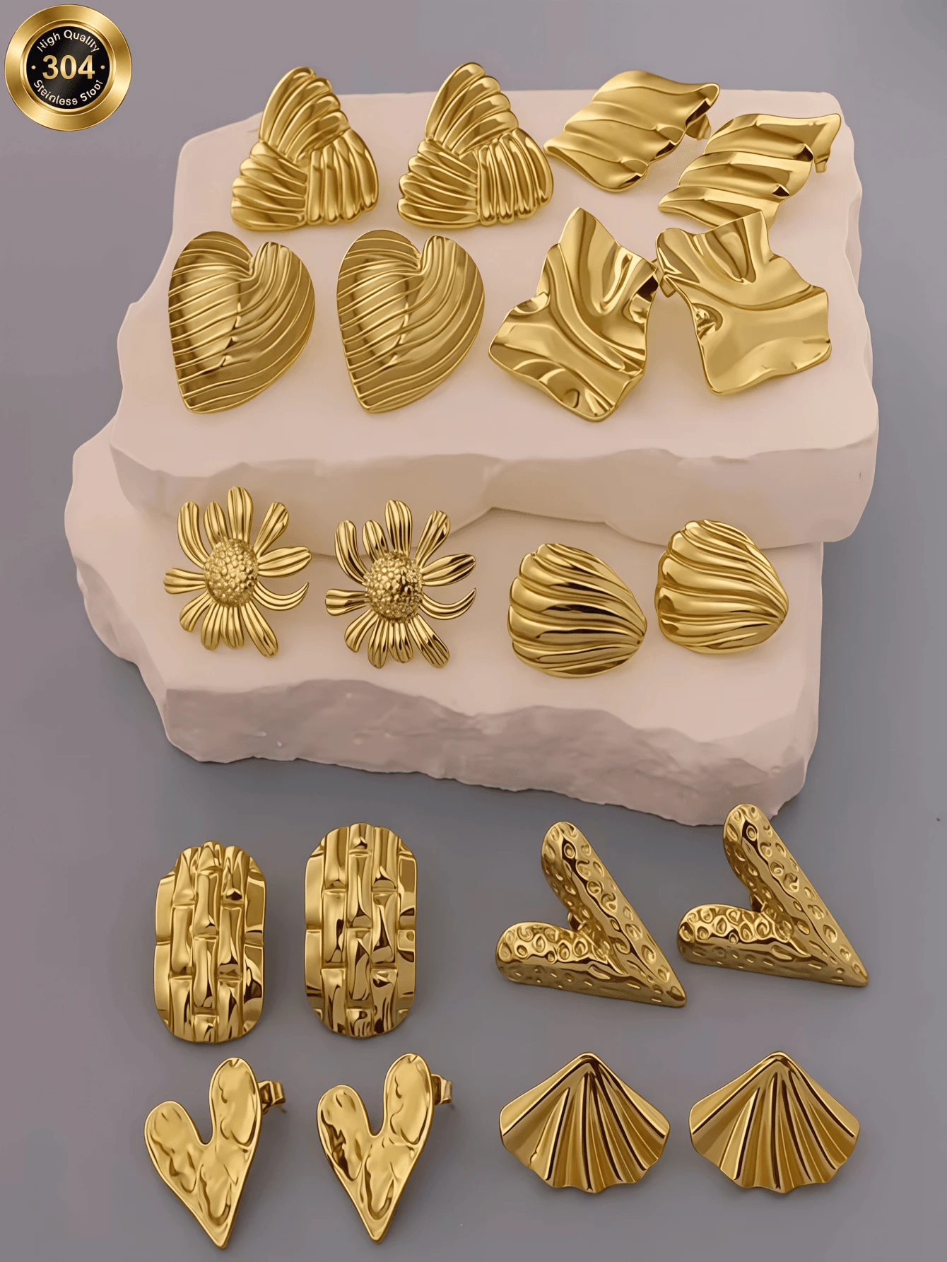 Lựa chọn ngẫu nhiên: Bộ 1/3/6/8 chiếc khuyên tai bằng thép không gỉ mạ vàng hình vỏ sò/hoa/vuông không đều. Nhiều kiểu dáng để phối hợp tự do. Món quà Giáng sinh hoàn hảo cho bạn bè và gia đình. - Vàng - Xem 1